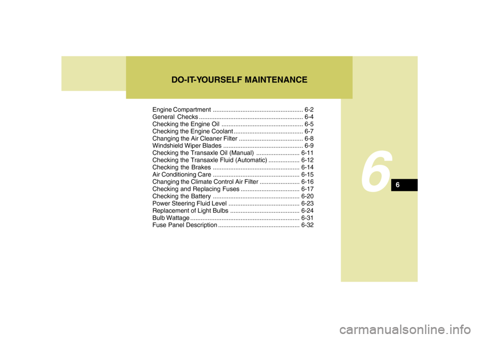 Hyundai Santa Fe 2008  Owners Manual 6
Engine Compartment .................................................... 6-2
General Checks ............................................................ 6-4
Checking the Engine Oil ..................