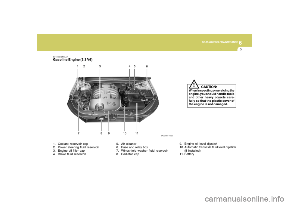 Hyundai Santa Fe 2008 Owners Manual 6
DO-IT-YOURSELF MAINTENANCE
3
G010C01CM-AATGasoline Engine (3.3 V6)
CAUTION:
When inspecting or servicing the
engine, you should handle tools
and other heavy objects care-
fully so that the plastic c Hyundai Santa Fe 2008 Owners Manual 6
DO-IT-YOURSELF MAINTENANCE
3
G010C01CM-AATGasoline Engine (3.3 V6)
CAUTION:
When inspecting or servicing the
engine, you should handle tools
and other heavy objects care-
fully so that the plastic c