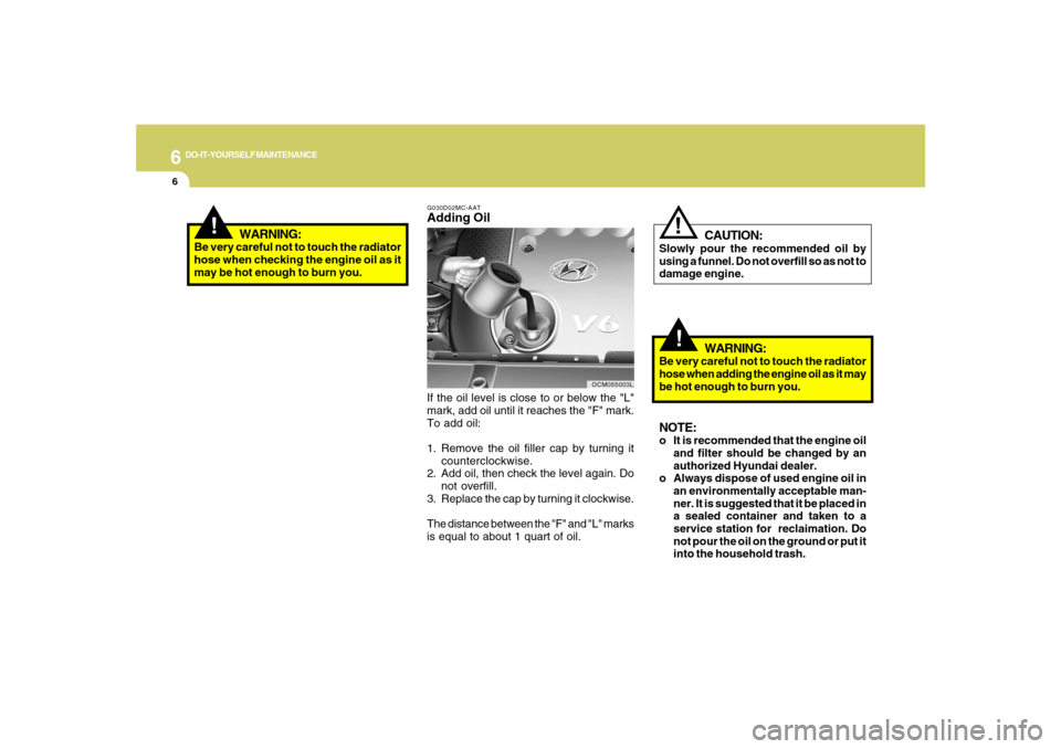 Hyundai Santa Fe 2008  Owners Manual 6
DO-IT-YOURSELF MAINTENANCE
6
!
WARNING:
Be very careful not to touch the radiator
hose when checking the engine oil as it
may be hot enough to burn you.
!
CAUTION:
Slowly pour the recommended oil by