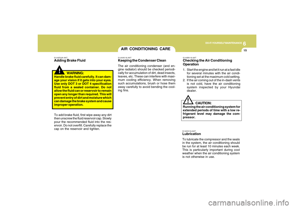 Hyundai Santa Fe 2008  Owners Manual 6
DO-IT-YOURSELF MAINTENANCE
15
AIR CONDITIONING CARE
!
G140A01A-AATKeeping the Condenser CleanThe air conditioning condenser (and en-
gine radiator) should be checked periodi-
cally for accumulation 