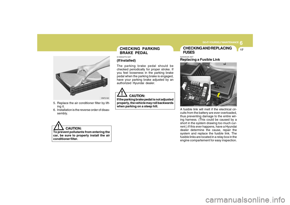 Hyundai Santa Fe 2008  Owners Manual 6
DO-IT-YOURSELF MAINTENANCE
17
CHECKING AND REPLACING
FUSESG200A03A-AATReplacing a Fusible LinkA fusible link will melt if the electrical cir-
cuits from the battery are ever overloaded,
thus prevent