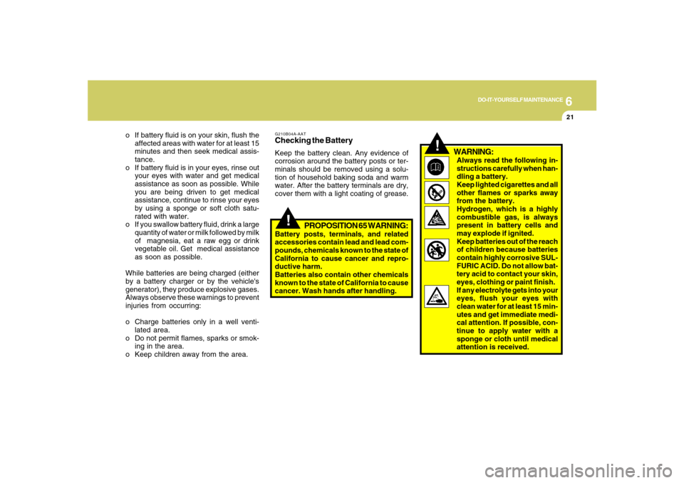 Hyundai Santa Fe 2008 Owners Guide 6
DO-IT-YOURSELF MAINTENANCE
21
o If battery fluid is on your skin, flush the
affected areas with water for at least 15
minutes and then seek medical assis-
tance.
o If battery fluid is in your eyes, 