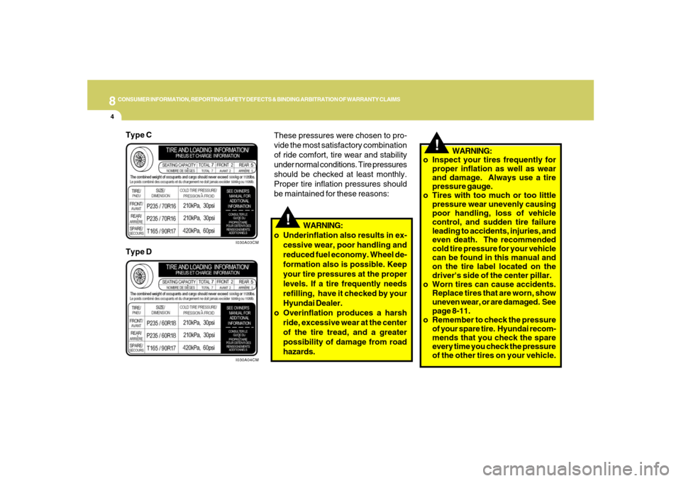 Hyundai Santa Fe 2008  Owners Manual 8
CONSUMER INFORMATION, REPORTING SAFETY DEFECTS & BINDING ARBITRATION OF WARRANTY CLAIMS4
!
!
Type C
I030A03CM
These pressures were chosen to pro-
vide the most satisfactory combination
of ride comfo