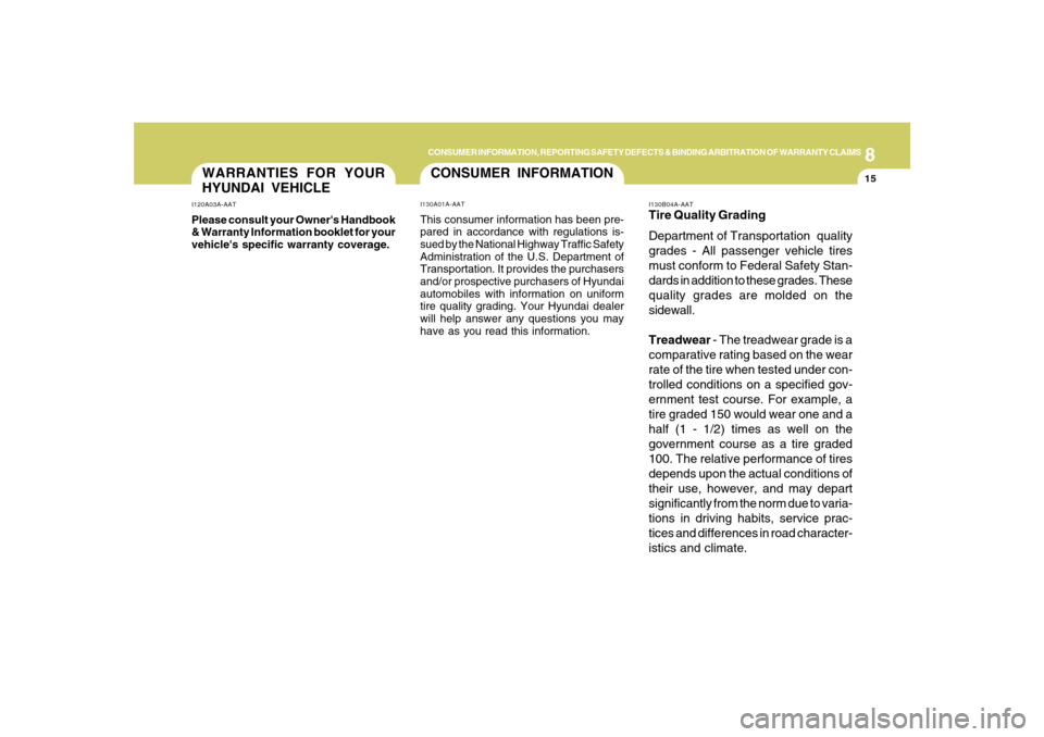 Hyundai Santa Fe 2008  Owners Manual 8
CONSUMER INFORMATION, REPORTING SAFETY DEFECTS & BINDING ARBITRATION OF WARRANTY CLAIMS
15
WARRANTIES FOR YOUR
HYUNDAI VEHICLEI120A03A-AATPlease consult your Owners Handbook
& Warranty Information 