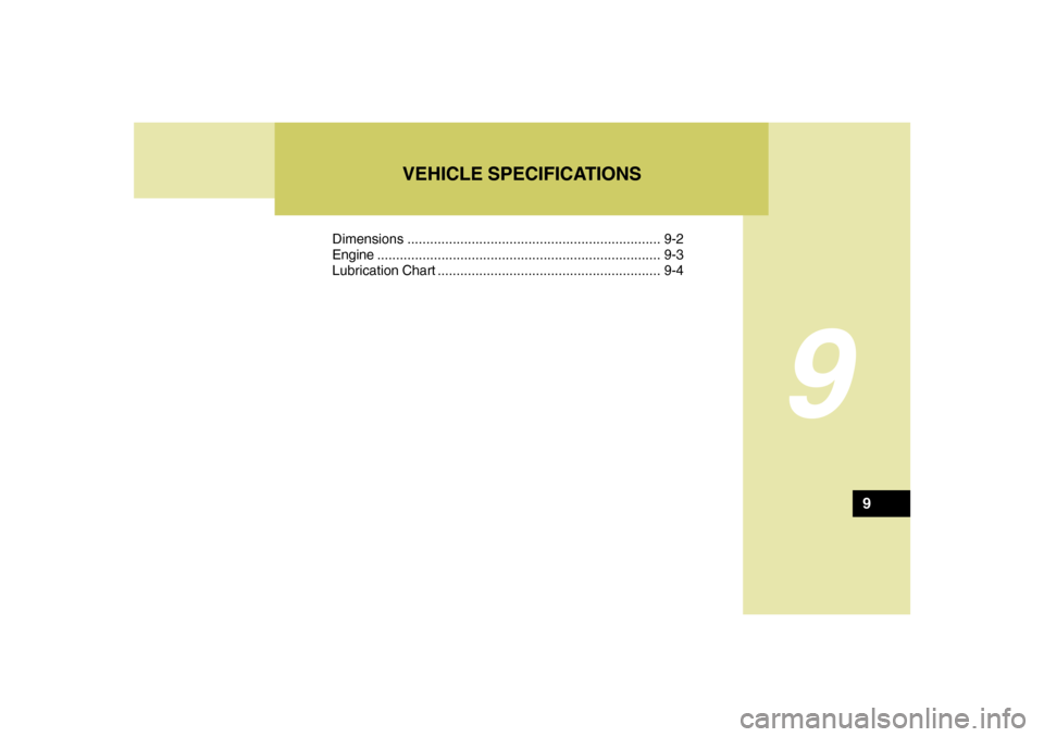 Hyundai Santa Fe 2008  Owners Manual 9
Dimensions................................................................... 9-2
Engine...........................................................................9-3
Lubrication Chart .............