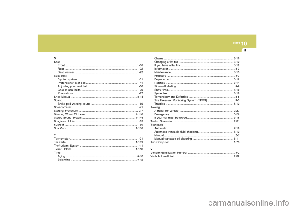 Hyundai Santa Fe 2008  Owners Manual 10
INDEX
5
S
Seat
Front.............................................................................................1-16
Rear...........................................................................
