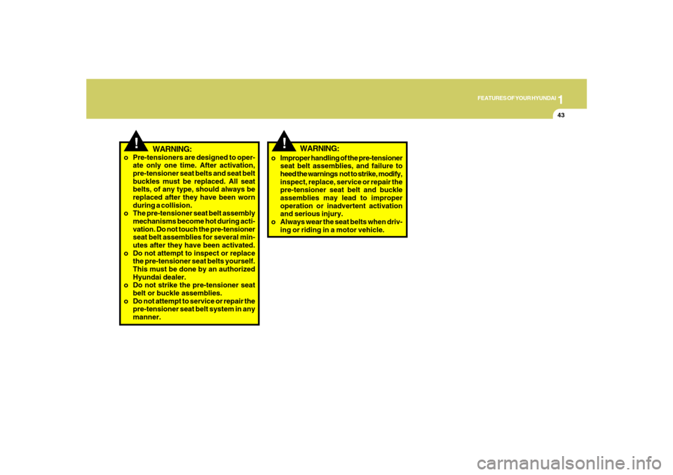 Hyundai Santa Fe 2008 Workshop Manual 1
FEATURES OF YOUR HYUNDAI
43
!
WARNING:
o Pre-tensioners are designed to oper-
ate only one time. After activation,
pre-tensioner seat belts and seat belt
buckles must be replaced. All seat
belts, of