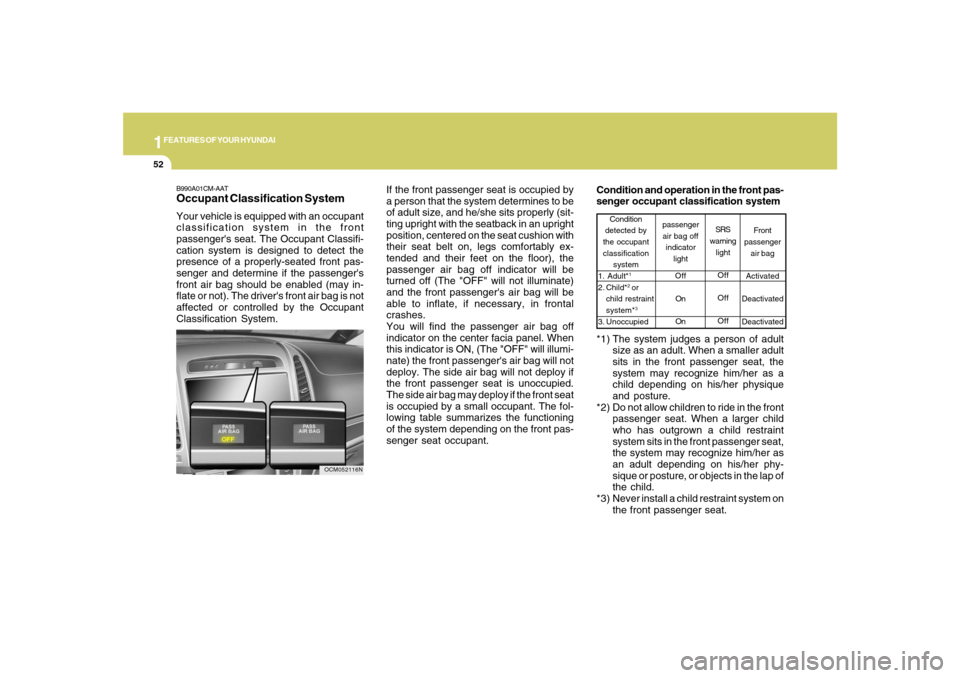 Hyundai Santa Fe 2008  Owners Manual 1FEATURES OF YOUR HYUNDAI52
If the front passenger seat is occupied by
a person that the system determines to be
of adult size, and he/she sits properly (sit-
ting upright with the seatback in an upri