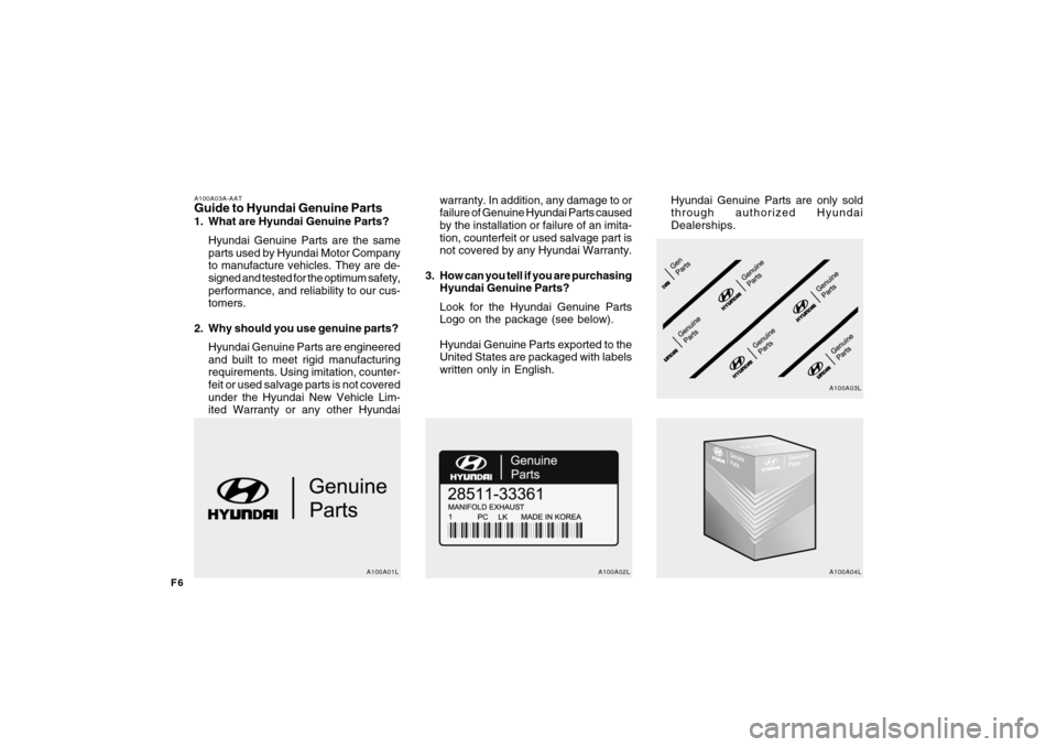Hyundai Santa Fe 2008  Owners Manual F6
A100A03A-AATGuide to Hyundai Genuine Parts1. What are Hyundai Genuine Parts?
Hyundai Genuine Parts are the same
parts used by Hyundai Motor Company
to manufacture vehicles. They are de-
signed and 