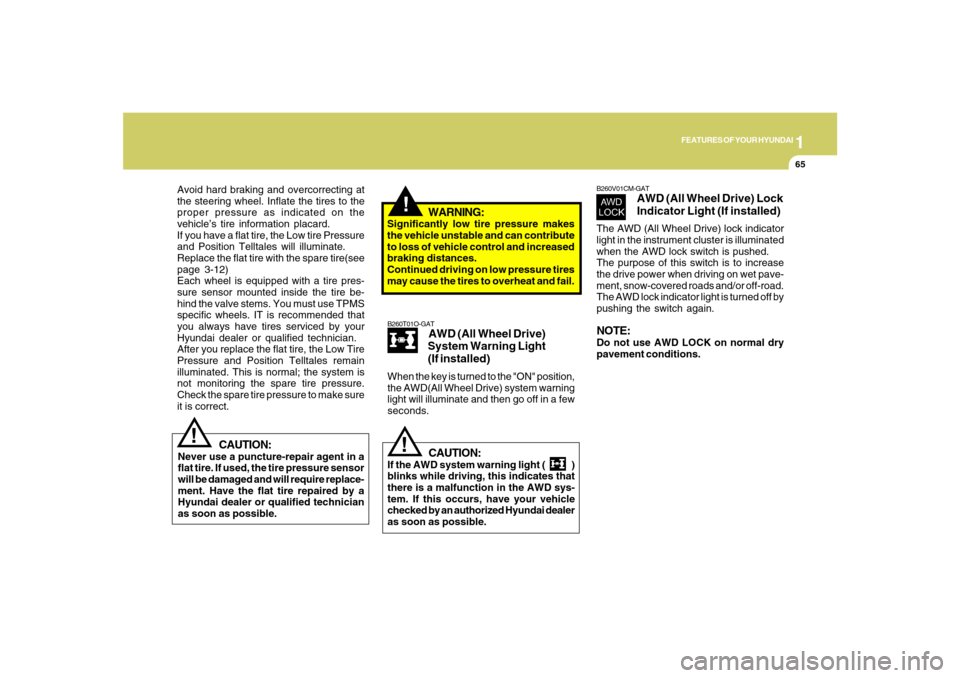 Hyundai Santa Fe 2008 Manual PDF 1
FEATURES OF YOUR HYUNDAI
65
!
WARNING:
Significantly low tire pressure makes
the vehicle unstable and can contribute
to loss of vehicle control and increased
braking distances.
Continued driving on 