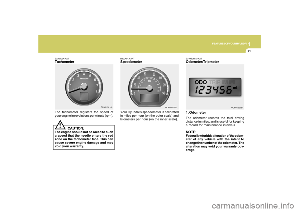 Hyundai Santa Fe 2008  Owners Manual 1
FEATURES OF YOUR HYUNDAI
71
B310B01CM-AATOdometer/Tripmeter
1. OdometerThe odometer records the total driving
distance in miles, and is useful for keeping
a record for maintenance intervals.NOTE:Fed