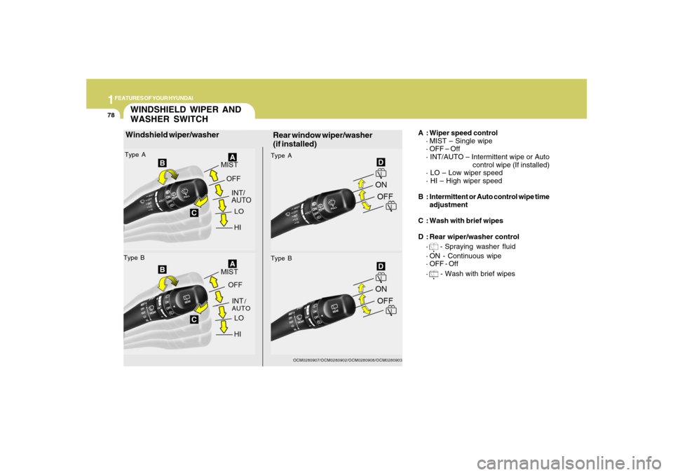 Hyundai Santa Fe 2008  Owners Manual 1FEATURES OF YOUR HYUNDAI78
WINDSHIELD WIPER AND
WASHER SWITCH
OCM0280907/OCM0280902/OCM0280908/OCM0280903
Rear window wiper/washer
(if installed)
A : Wiper speed control
· MIST – Single wipe
· OF