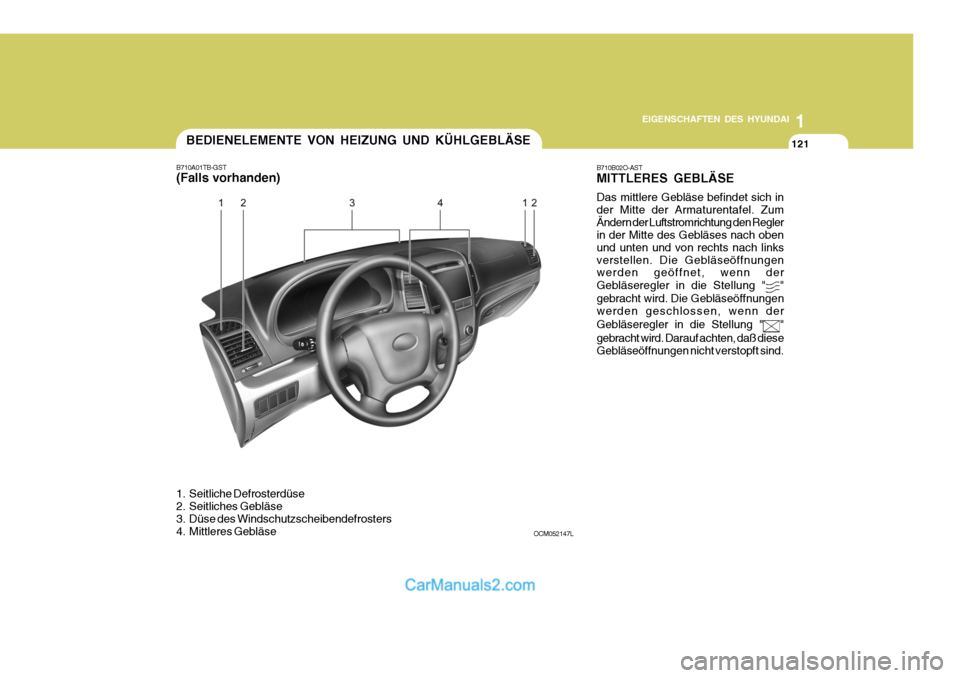 Hyundai Santa Fe 2008 Betriebsanleitung (in German) 1
EIGENSCHAFTEN DES HYUNDAI
121121121
OCM052147LBEDIENELEMENTE VON HEIZUNG UND KÜHLGEBLÄSE
B710A01TB-GST (Falls vorhanden)
1. Seitliche Defrosterdüse
2. Seitliches Gebläse
3. Düse des Windschu Hyundai Santa Fe 2008 Betriebsanleitung (in German) 1
EIGENSCHAFTEN DES HYUNDAI
121121121
OCM052147LBEDIENELEMENTE VON HEIZUNG UND KÜHLGEBLÄSE
B710A01TB-GST (Falls vorhanden)
1. Seitliche Defrosterdüse
2. Seitliches Gebläse
3. Düse des Windschu