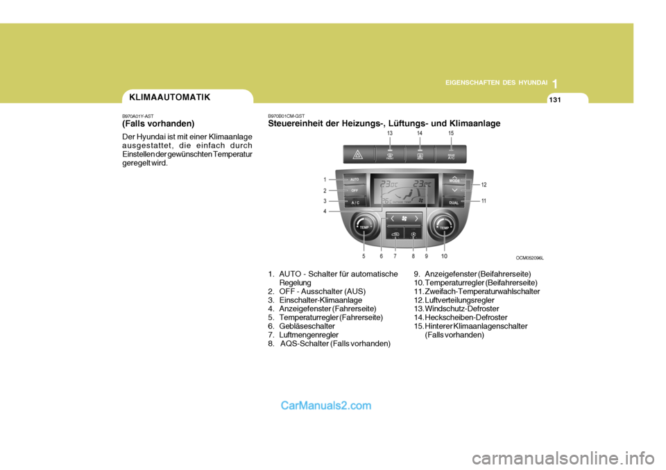 Hyundai Santa Fe 2008 Betriebsanleitung (in German) 1
EIGENSCHAFTEN DES HYUNDAI
131131131
OCM052096LKLIMAAUTOMATIK
B970A01Y-AST (Falls vorhanden) Der Hyundai ist mit einer Klimaanlage ausgestattet, die einfach durchEinstellen der gewünschten Temperatu Hyundai Santa Fe 2008 Betriebsanleitung (in German) 1
EIGENSCHAFTEN DES HYUNDAI
131131131
OCM052096LKLIMAAUTOMATIK
B970A01Y-AST (Falls vorhanden) Der Hyundai ist mit einer Klimaanlage ausgestattet, die einfach durchEinstellen der gewünschten Temperatu