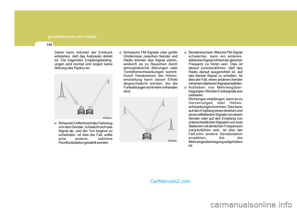 Hyundai Santa Fe 2008  Betriebsanleitung (in German) 1EIGENSCHAFTEN DES HYUNDAI
142
B750A04L
B750A05Lo Senderwechsel- Wird ein FM-Signal
schwächer, kann ein anderes, stärkeres Signal mit fast der gleichen Frequenz zu hören sein. Dies ist darauf zurü