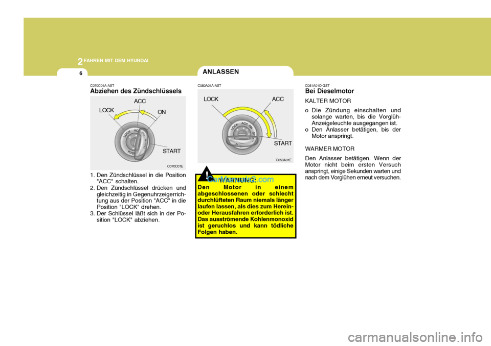 Hyundai Santa Fe 2008 Betriebsanleitung (in German) 2FAHREN MIT DEM HYUNDAI
6ANLASSEN
!
C050A01E
C050A01A-AST
WARNUNG:
Den Motor in einem
abgeschlossenen oder schlecht durchlüfteten Raum niemals längerlaufen lassen, als dies zum Herein- oder Herausfa Hyundai Santa Fe 2008 Betriebsanleitung (in German) 2FAHREN MIT DEM HYUNDAI
6ANLASSEN
!
C050A01E
C050A01A-AST
WARNUNG:
Den Motor in einem
abgeschlossenen oder schlecht durchlüfteten Raum niemals längerlaufen lassen, als dies zum Herein- oder Herausfa