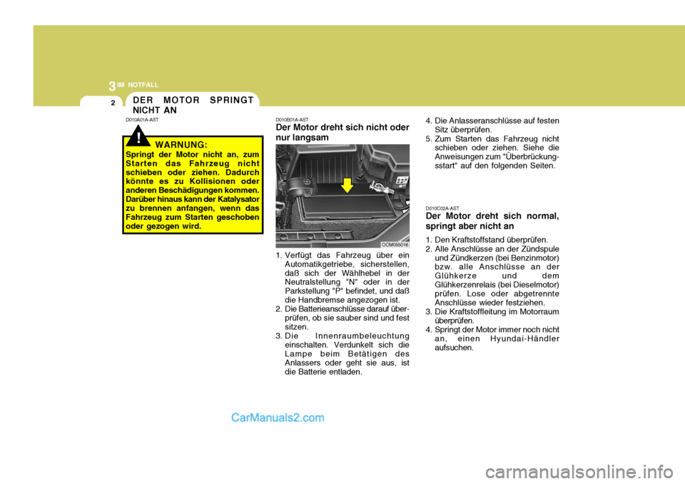 Hyundai Santa Fe 2008 Betriebsanleitung (in German) 3IM NOTFALL
2
!
DER MOTOR SPRINGT NICHT AN
D010A01A-AST D010B01A-AST Der Motor dreht sich nicht oder nur langsam
1. Verfügt das Fahrzeug über ein Automatikgetriebe, sicherstellen, daß sich der Wäh Hyundai Santa Fe 2008 Betriebsanleitung (in German) 3IM NOTFALL
2
!
DER MOTOR SPRINGT NICHT AN
D010A01A-AST D010B01A-AST Der Motor dreht sich nicht oder nur langsam
1. Verfügt das Fahrzeug über ein Automatikgetriebe, sicherstellen, daß sich der Wäh