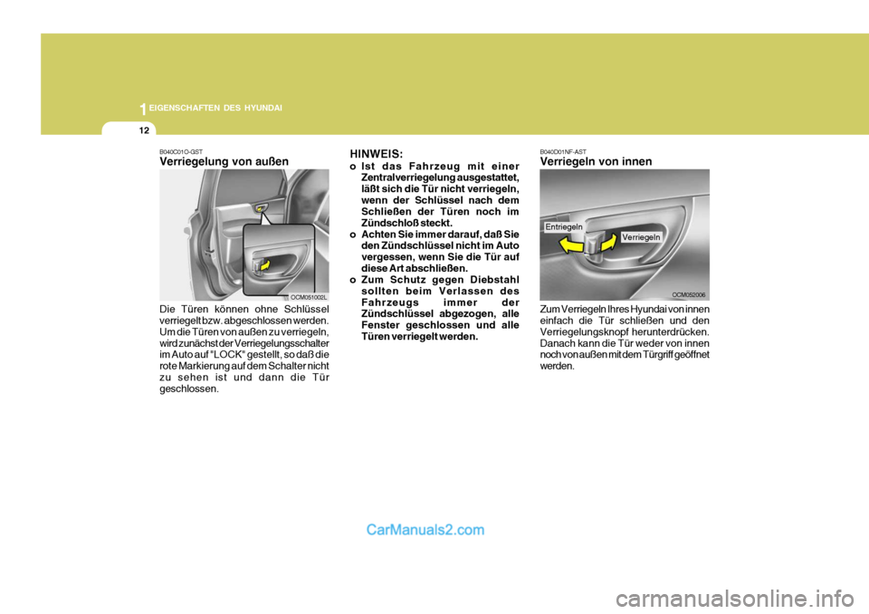 Hyundai Santa Fe 2008  Betriebsanleitung (in German) 1EIGENSCHAFTEN DES HYUNDAI
12
B040D01NF-AST Verriegeln von innen
OCM052006
HINWEIS: 
o Ist das Fahrzeug mit einer
Zentralverriegelung ausgestattet, läßt sich die Tür nicht verriegeln,wenn der Schl�