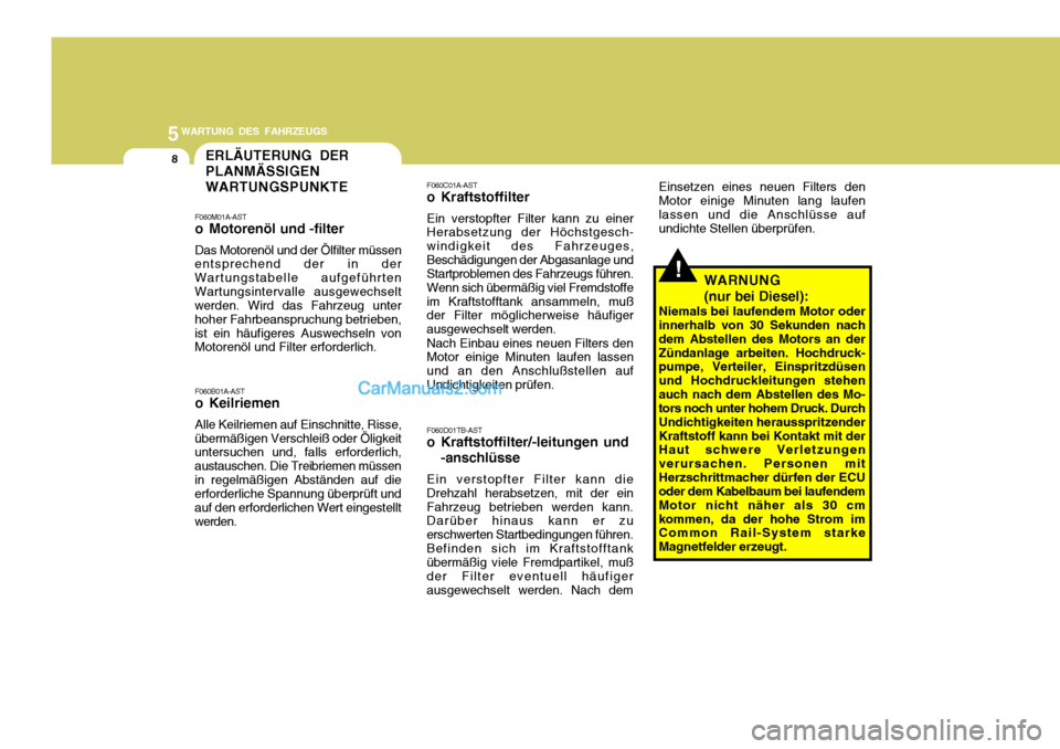 Hyundai Santa Fe 2008  Betriebsanleitung (in German) 5WARTUNG DES FAHRZEUGS
8ERLÄUTERUNG DER PLANMÄSSIGENWARTUNGSPUNKTE
!
F060C01A-AST 
o Kraftstoffilter Ein verstopfter Filter kann zu einer Herabsetzung der Höchstgesch- windigkeit des Fahrzeuges,Bes