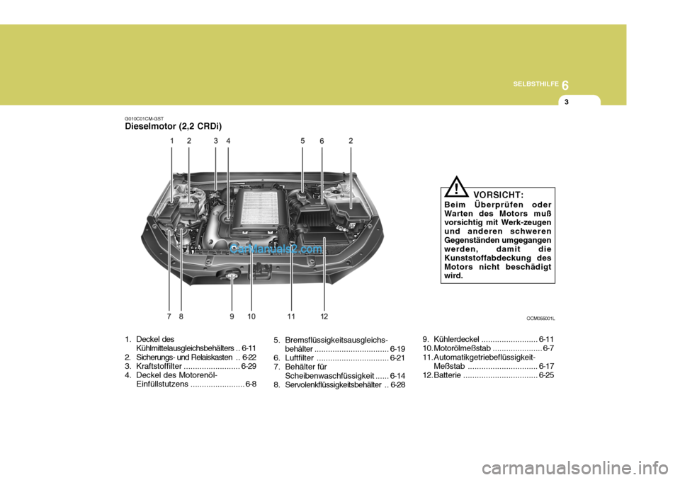 Hyundai Santa Fe 2008 Betriebsanleitung (in German) 6
SELBSTHILFE
3
G010C01CM-GST Dieselmotor (2,2 CRDi)
1. Deckel des
Kühlmittelausgleichsbehälters .. 6-11
2. Sicherungs- und Relaiskasten . . 6-22
3. Kraftstoffilter ......................... 6-29
4 Hyundai Santa Fe 2008 Betriebsanleitung (in German) 6
SELBSTHILFE
3
G010C01CM-GST Dieselmotor (2,2 CRDi)
1. Deckel des
Kühlmittelausgleichsbehälters .. 6-11
2. Sicherungs- und Relaiskasten . . 6-22
3. Kraftstoffilter ......................... 6-29
4