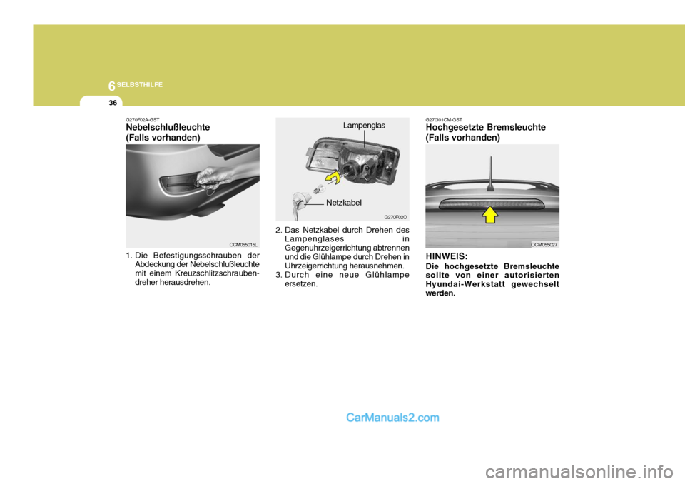 Hyundai Santa Fe 2008 Betriebsanleitung (in German) 6SELBSTHILFE
36
2. Das Netzkabel durch Drehen des
Lampenglases in Gegenuhrzeigerrichtung abtrennenund die Glühlampe durch Drehen in Uhrzeigerrichtung herausnehmen.
3. Durch eine neue Glühlampe erset Hyundai Santa Fe 2008 Betriebsanleitung (in German) 6SELBSTHILFE
36
2. Das Netzkabel durch Drehen des
Lampenglases in Gegenuhrzeigerrichtung abtrennenund die Glühlampe durch Drehen in Uhrzeigerrichtung herausnehmen.
3. Durch eine neue Glühlampe erset