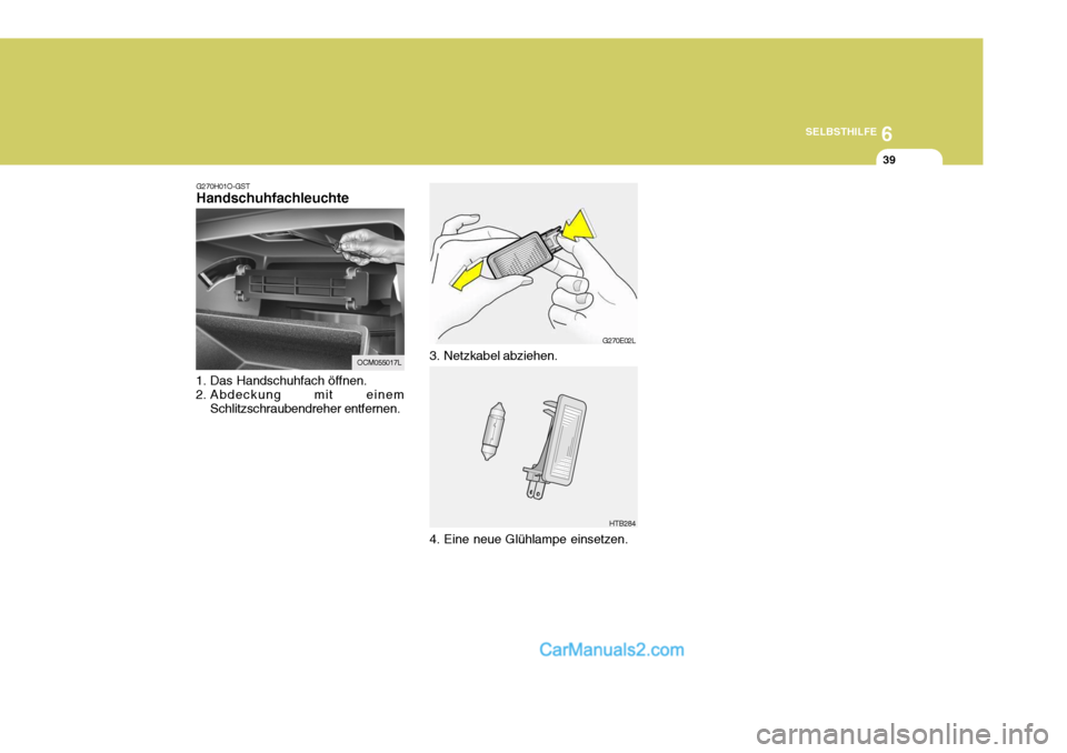 Hyundai Santa Fe 2008 Betriebsanleitung (in German) 6
SELBSTHILFE
39
G270H01O-GST Handschuhfachleuchte
1. Das Handschuhfach öffnen.
2. Abdeckung mit einem Schlitzschraubendreher entfernen.
OCM055017L
G270E02L
HTB284
3. Netzkabel abziehen.
4. Eine ne Hyundai Santa Fe 2008 Betriebsanleitung (in German) 6
SELBSTHILFE
39
G270H01O-GST Handschuhfachleuchte
1. Das Handschuhfach öffnen.
2. Abdeckung mit einem Schlitzschraubendreher entfernen.
OCM055017L
G270E02L
HTB284
3. Netzkabel abziehen.
4. Eine ne