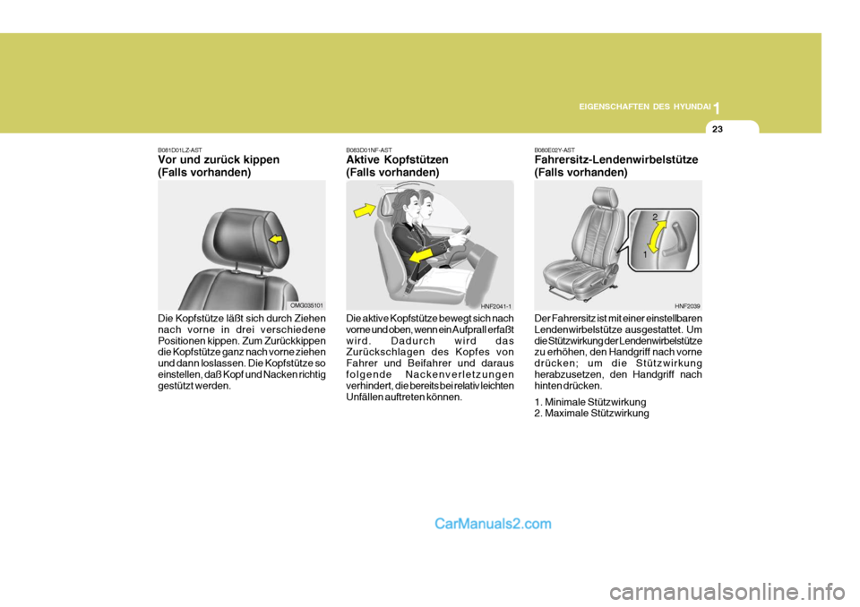 Hyundai Santa Fe 2008 Betriebsanleitung (in German) 1
EIGENSCHAFTEN DES HYUNDAI
23
B080E02Y-AST Fahrersitz-Lendenwirbelstütze (Falls vorhanden) Der Fahrersitz ist mit einer einstellbaren Lendenwirbelstütze ausgestattet. Umdie Stützwirkung der Lenden Hyundai Santa Fe 2008 Betriebsanleitung (in German) 1
EIGENSCHAFTEN DES HYUNDAI
23
B080E02Y-AST Fahrersitz-Lendenwirbelstütze (Falls vorhanden) Der Fahrersitz ist mit einer einstellbaren Lendenwirbelstütze ausgestattet. Umdie Stützwirkung der Lenden