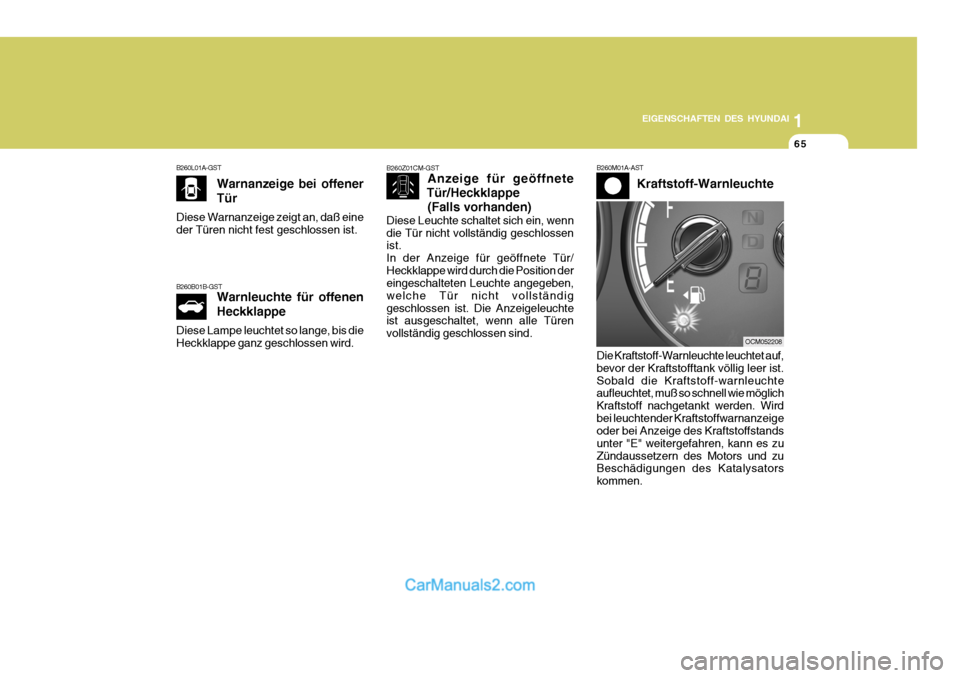 Hyundai Santa Fe 2008  Betriebsanleitung (in German) 1
EIGENSCHAFTEN DES HYUNDAI
65
B260M01A-AST Kraftstoff-Warnleuchte
B260L01A-GST
Warnanzeige bei offener Tür
Diese Warnanzeige zeigt an, daß eine der Türen nicht fest geschlossen ist.
B260Z01CM-GST 