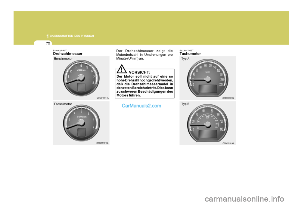 Hyundai Santa Fe 2008  Betriebsanleitung (in German) 1EIGENSCHAFTEN DES HYUNDAI
72
OCM051015L
Typ A
OCM051016L
Typ BOCM015014L
OCM051013L
Benzinmotor
Dieselmotor Der Drehzahlmesser zeigt die Motordrehzahl in Umdrehungen proMinute (U/min) an.
B330A02A-AS