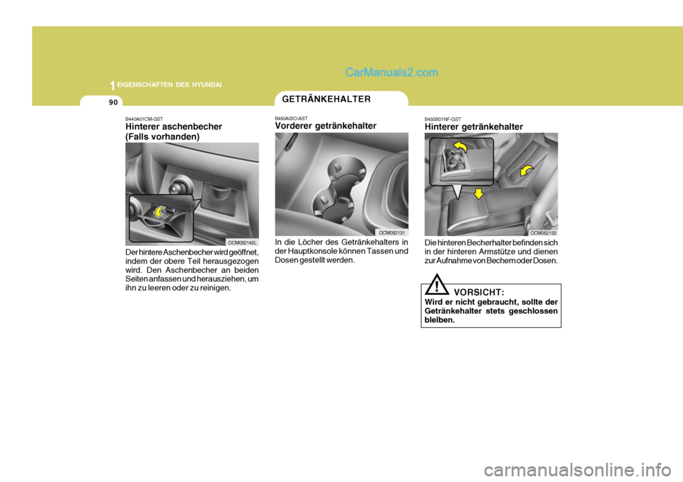 Hyundai Santa Fe 2008 Betriebsanleitung (in German) 1EIGENSCHAFTEN DES HYUNDAI
90
OCM052132
!
VORSICHT:
Wird er nicht gebraucht, sollte der Getränkehalter stets geschlossen blelben.
B450B01NF-GST Hinterer getränkehalter Die hinteren Becherhalter befi Hyundai Santa Fe 2008 Betriebsanleitung (in German) 1EIGENSCHAFTEN DES HYUNDAI
90
OCM052132
!
VORSICHT:
Wird er nicht gebraucht, sollte der Getränkehalter stets geschlossen blelben.
B450B01NF-GST Hinterer getränkehalter Die hinteren Becherhalter befi