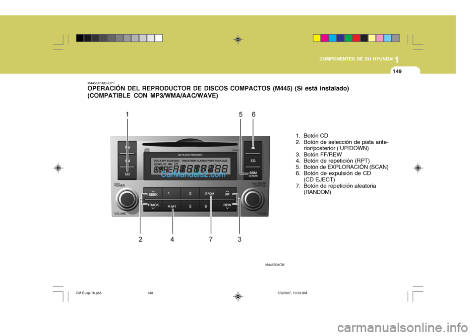 Hyundai Santa Fe 2008 Manual del propietario (in Spanish) 1
COMPONENTES DE SU HYUNDAI
149149
M445C01MC-GYT OPERACIÓN DEL REPRODUCTOR DE DISCOS COMPACTOS (M445) (Si está instalado) (COMPATIBLE CON MP3/WMA/AAC/WAVE)
1. Botón CD
2. Botón de selección de p Hyundai Santa Fe 2008 Manual del propietario (in Spanish) 1
COMPONENTES DE SU HYUNDAI
149149
M445C01MC-GYT OPERACIÓN DEL REPRODUCTOR DE DISCOS COMPACTOS (M445) (Si está instalado) (COMPATIBLE CON MP3/WMA/AAC/WAVE)
1. Botón CD
2. Botón de selección de p