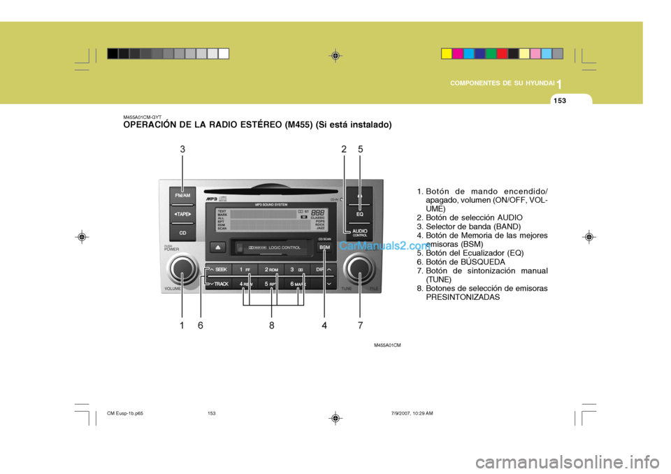 Hyundai Santa Fe 2008  Manual del propietario (in Spanish) 1
COMPONENTES DE SU HYUNDAI
153153
M455A01CM-GYT OPERACIÓN DE LA RADIO ESTÉREO (M455) (Si está instalado)
1. Botón de mando encendido/apagado, volumen (ON/OFF, VOL- UME)
2. Botón de selección AU