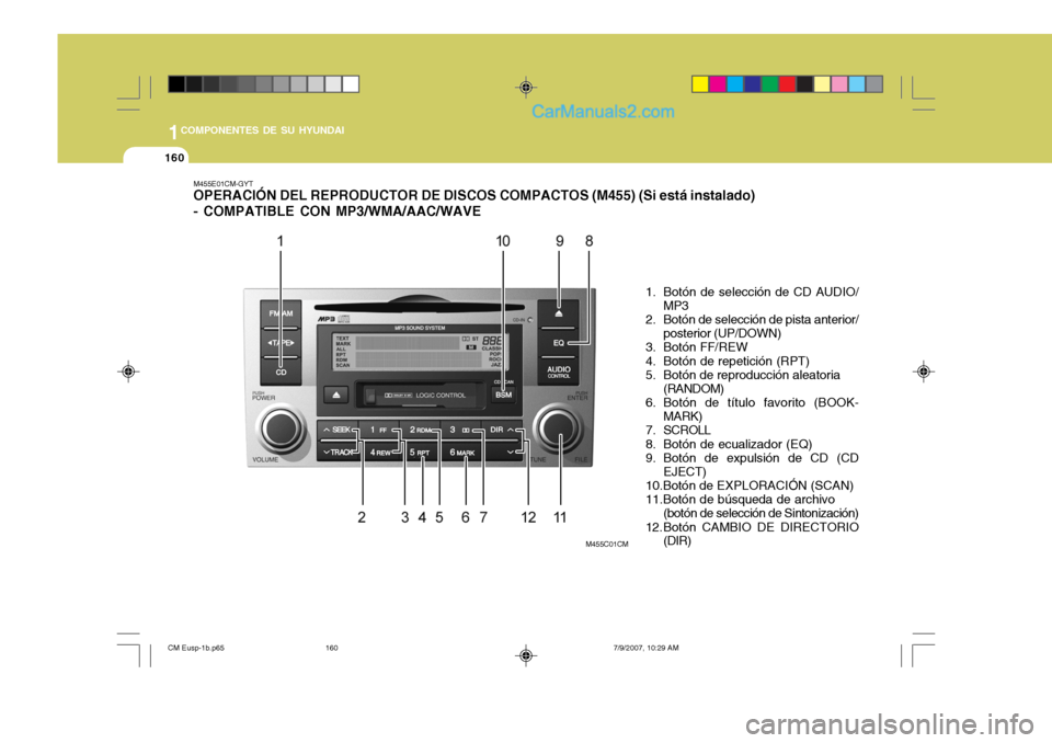 Hyundai Santa Fe 2008 Manual del propietario (in Spanish) 1COMPONENTES DE SU HYUNDAI
160
M455E01CM-GYT OPERACIÓN DEL REPRODUCTOR DE DISCOS COMPACTOS (M455) (Si está instalado) - COMPATIBLE CON MP3/WMA/AAC/WAVE
1. Botón de selección de CD AUDIO/MP3
2. Bot Hyundai Santa Fe 2008 Manual del propietario (in Spanish) 1COMPONENTES DE SU HYUNDAI
160
M455E01CM-GYT OPERACIÓN DEL REPRODUCTOR DE DISCOS COMPACTOS (M455) (Si está instalado) - COMPATIBLE CON MP3/WMA/AAC/WAVE
1. Botón de selección de CD AUDIO/MP3
2. Bot