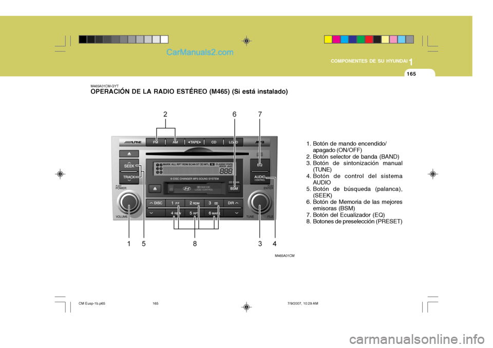 Hyundai Santa Fe 2008  Manual del propietario (in Spanish) 1
COMPONENTES DE SU HYUNDAI
165165
M465A01CM
M465A01CM-GYT OPERACIÓN DE LA RADIO ESTÉREO (M465) (Si está instalado)
1. Botón de mando encendido/apagado (ON/OFF)
2. Botón selector de banda (BAND) 