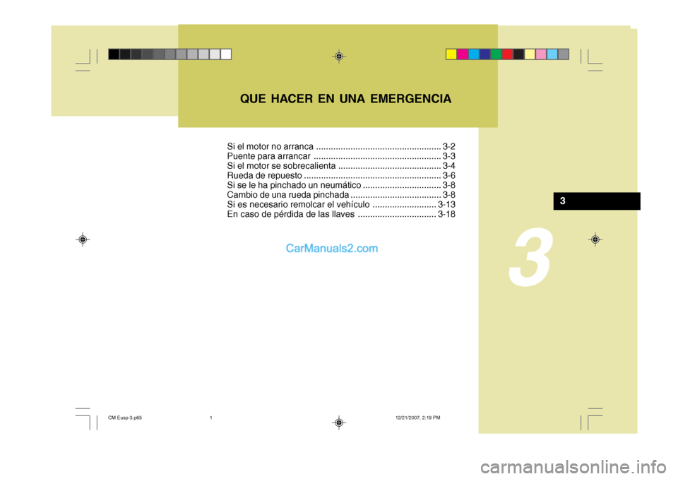 Hyundai Santa Fe 2008  Manual del propietario (in Spanish) 3
QUE HACER EN UNA EMERGENCIA
3
Si el motor no arranca ................................................... 3-2 
Puente para arrancar .................................................... 3-3
Si el moto