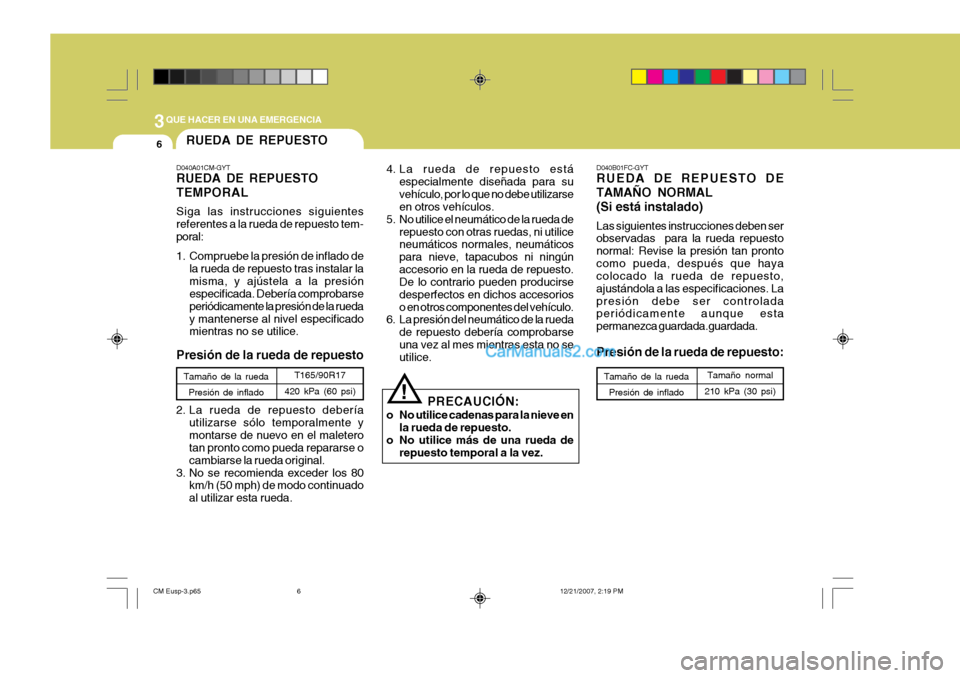 Hyundai Santa Fe 2008 Manual del propietario (in Spanish) 3QUE HACER EN UNA EMERGENCIA
6RUEDA DE REPUESTO
D040B01FC-GYT RUEDA DE REPUESTO DE TAMAÑO NORMAL(Si está instalado) Las siguientes instrucciones deben ser observadas para la rueda repuesto normal: Hyundai Santa Fe 2008 Manual del propietario (in Spanish) 3QUE HACER EN UNA EMERGENCIA
6RUEDA DE REPUESTO
D040B01FC-GYT RUEDA DE REPUESTO DE TAMAÑO NORMAL(Si está instalado) Las siguientes instrucciones deben ser observadas para la rueda repuesto normal: