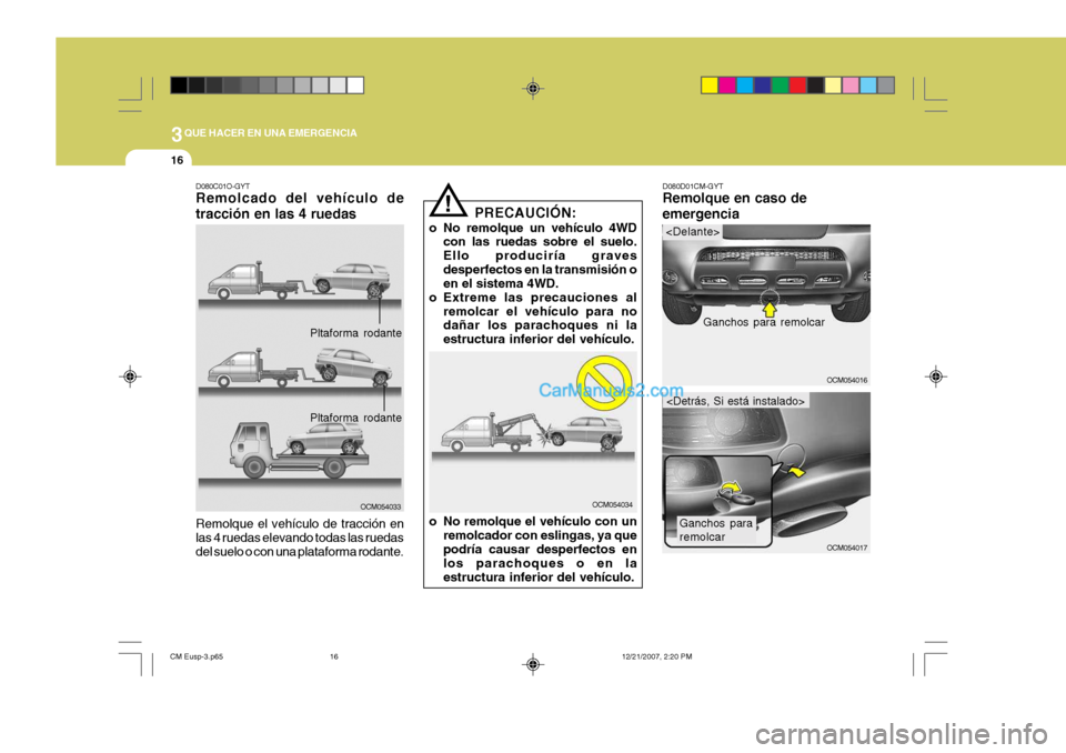 Hyundai Santa Fe 2008  Manual del propietario (in Spanish) 3QUE HACER EN UNA EMERGENCIA
16
OCM054017
D080C01O-GYT Remolcado del vehículo de tracción en las 4 ruedas
OCM054033
Remolque el vehículo de tracción en las 4 ruedas elevando todas las ruedasdel su