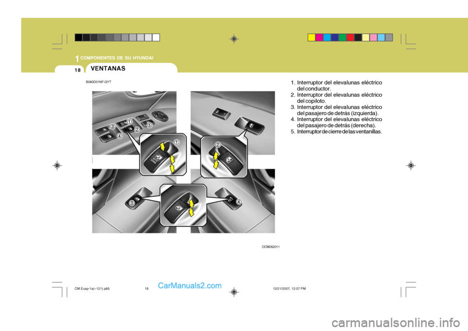 Hyundai Santa Fe 2008 Manual del propietario (in Spanish) 1COMPONENTES DE SU HYUNDAI
18VENTANAS
OCM0520111. Interruptor del elevalunas eléctrico
del conductor.
2. Interruptor del elevalunas eléctrico del copiloto.
3. Interruptor del elevalunas eléctrico
d Hyundai Santa Fe 2008 Manual del propietario (in Spanish) 1COMPONENTES DE SU HYUNDAI
18VENTANAS
OCM0520111. Interruptor del elevalunas eléctrico
del conductor.
2. Interruptor del elevalunas eléctrico del copiloto.
3. Interruptor del elevalunas eléctrico
d