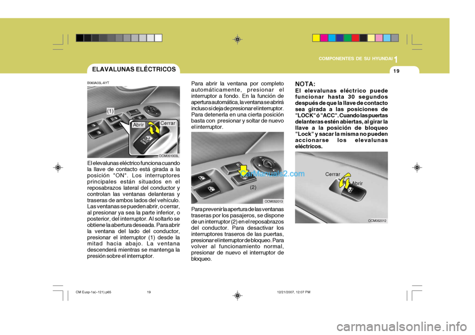 Hyundai Santa Fe 2008 Manual del propietario (in Spanish) 1
COMPONENTES DE SU HYUNDAI
19
OCM052013
ELAVALUNAS ELÉCTRICOS
B060A03L-AYT
El elevalunas eléctrico funciona cuando la llave de contacto está girada a la posición "ON". Los interruptoresprincipale Hyundai Santa Fe 2008 Manual del propietario (in Spanish) 1
COMPONENTES DE SU HYUNDAI
19
OCM052013
ELAVALUNAS ELÉCTRICOS
B060A03L-AYT
El elevalunas eléctrico funciona cuando la llave de contacto está girada a la posición "ON". Los interruptoresprincipale