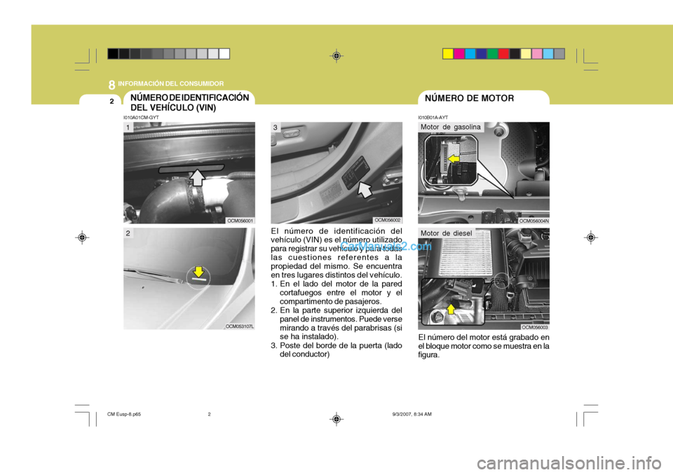 Hyundai Santa Fe 2008 Manual del propietario (in Spanish) 8INFORMACIÓN DEL CONSUMIDOR
2NÚMERO DE MOTORNÚMERO DE IDENTIFICACIÓN DEL VEHÍCULO (VIN)
I010B01A-AYT
I010A01CM-GYT
El número de identificación del
vehículo (VIN) es el número utilizado para r Hyundai Santa Fe 2008 Manual del propietario (in Spanish) 8INFORMACIÓN DEL CONSUMIDOR
2NÚMERO DE MOTORNÚMERO DE IDENTIFICACIÓN DEL VEHÍCULO (VIN)
I010B01A-AYT
I010A01CM-GYT
El número de identificación del
vehículo (VIN) es el número utilizado para r