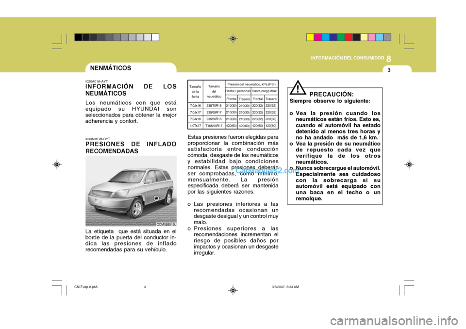 Hyundai Santa Fe 2008  Manual del propietario (in Spanish) 8
INFORMACIÓN DEL CONSUMIDOR
3NENMÁTICOS
I020A01A-AYT
INFORMACIÓN DE LOS NEUMÁTICOS
Los neumáticos con que está
equipado su HYUNDAI son seleccionados para obtener la mejor adherencia y confort.
