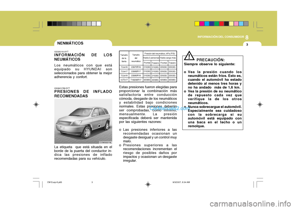 Hyundai Santa Fe 2008 Manual del propietario (in Spanish) 8
INFORMACIÓN DEL CONSUMIDOR
3NENMÁTICOS
I020A01A-AYT
INFORMACIÓN DE LOS NEUMÁTICOS
Los neumáticos con que está
equipado su HYUNDAI son seleccionados para obtener la mejor adherencia y confort.
Hyundai Santa Fe 2008 Manual del propietario (in Spanish) 8
INFORMACIÓN DEL CONSUMIDOR
3NENMÁTICOS
I020A01A-AYT
INFORMACIÓN DE LOS NEUMÁTICOS
Los neumáticos con que está
equipado su HYUNDAI son seleccionados para obtener la mejor adherencia y confort.