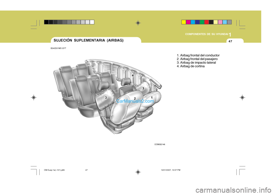 Hyundai Santa Fe 2008 Manual del propietario (in Spanish) 1
COMPONENTES DE SU HYUNDAI
47SUJECIÓN SUPLEMENTARIA (AIRBAG)
1. Airbag frontal del conductor 2. Airbag frontal del pasajero3. Airbag de impacto lateral 4. Airbag de cortina
B240D01MC-GYT
OCM052146
C Hyundai Santa Fe 2008 Manual del propietario (in Spanish) 1
COMPONENTES DE SU HYUNDAI
47SUJECIÓN SUPLEMENTARIA (AIRBAG)
1. Airbag frontal del conductor 2. Airbag frontal del pasajero3. Airbag de impacto lateral 4. Airbag de cortina
B240D01MC-GYT
OCM052146
C