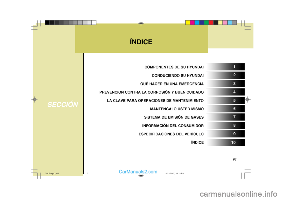 Hyundai Santa Fe 2008  Manual del propietario (in Spanish) F7
ÍNDICE
SECCIÓN
COMPONENTES DE SU HYUNDAI
CONDUCIENDO SU HYUNDAI
QUÉ HACER EN UNA EMERGENCIA
PREVENCION CONTRA LA CORROSIÓN Y BUEN CUIDADO
LA CLAVE PARA OPERACIONES DE MANTENIMIENTO MANTENGALO U