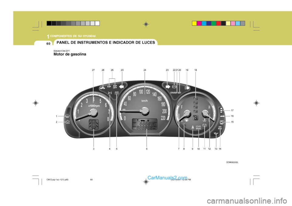 Hyundai Santa Fe 2008  Manual del propietario (in Spanish) 1COMPONENTES DE SU HYUNDAI
60PANEL DE INSTRUMENTOS E INDICADOR DE LUCES
B260A01CM-GYT Motor de gasolina
OCM052202L
CM Eusp-1a(~121).p6512/21/2007, 12:08 PM
60   