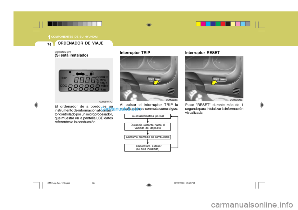 Hyundai Santa Fe 2008 Manual del propietario (in Spanish) 1COMPONENTES DE SU HYUNDAI
76
OCM051018L
Interruptor RESET Pulse "RESET" durante más de 1 segundo para inicializar la informaciónvisualizada.OCM052055OCM051017L
Cuentakilómetros parcial
Distancia r Hyundai Santa Fe 2008 Manual del propietario (in Spanish) 1COMPONENTES DE SU HYUNDAI
76
OCM051018L
Interruptor RESET Pulse "RESET" durante más de 1 segundo para inicializar la informaciónvisualizada.OCM052055OCM051017L
Cuentakilómetros parcial
Distancia r