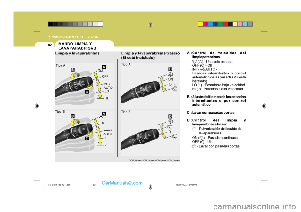 Hyundai Santa Fe 2008  Manual del propietario (in Spanish) 1COMPONENTES DE SU HYUNDAI
82MANDO LIMPIA Y LAVAPARABRISAS
OCM0280904/OCM0280900/OCM028091/OCM0280901
Limpia y lavaparabrisas trasero (Si está instalado) A :Control de velocidad del
limpiaparabrisas
