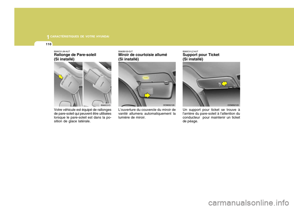 Hyundai Santa Fe 2008  Manuel du propriétaire (in French) 1CARACTÉRISTIQUES DE VOTRE HYUNDAI
110
OCM052125
B580C01LZ-AUT Support pour Ticket (Si installé) Un support pour ticket se trouve à
larrière du pare-soleil à lattention du conducteur  pour main