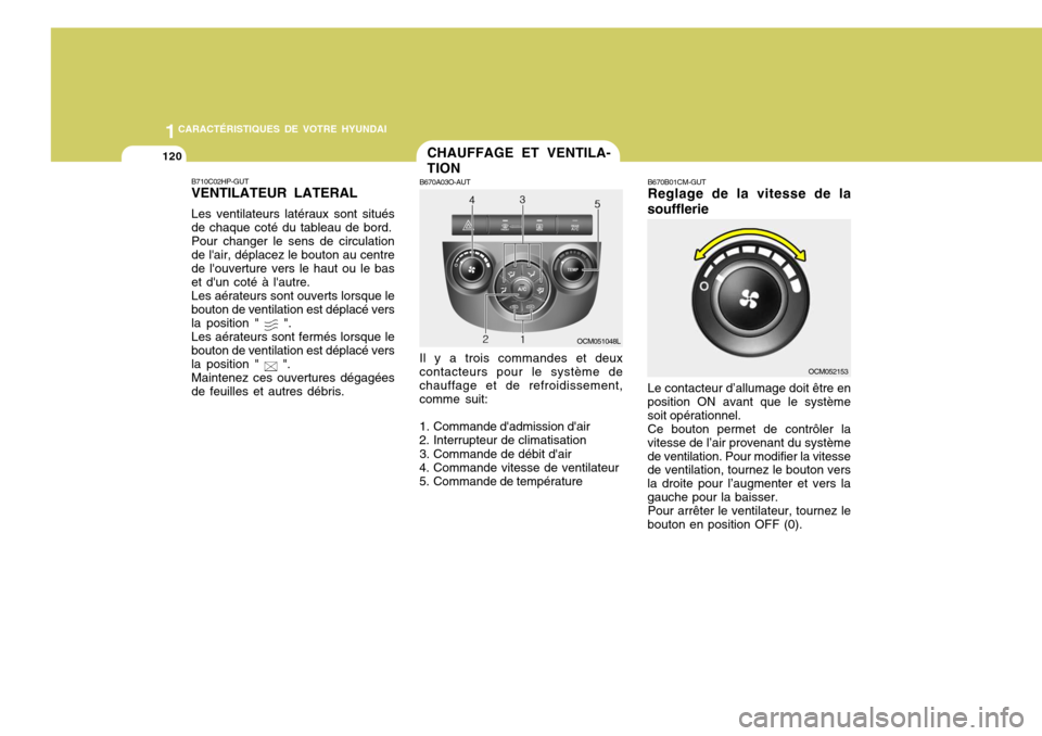 Hyundai Santa Fe 2008  Manuel du propriétaire (in French) 1CARACTÉRISTIQUES DE VOTRE HYUNDAI
120CHAUFFAGE ET VENTILA- TION
B670A03O-AUT Il y a trois commandes et deux
contacteurs pour le système de chauffage et de refroidissement,comme suit: 
1. Commande d