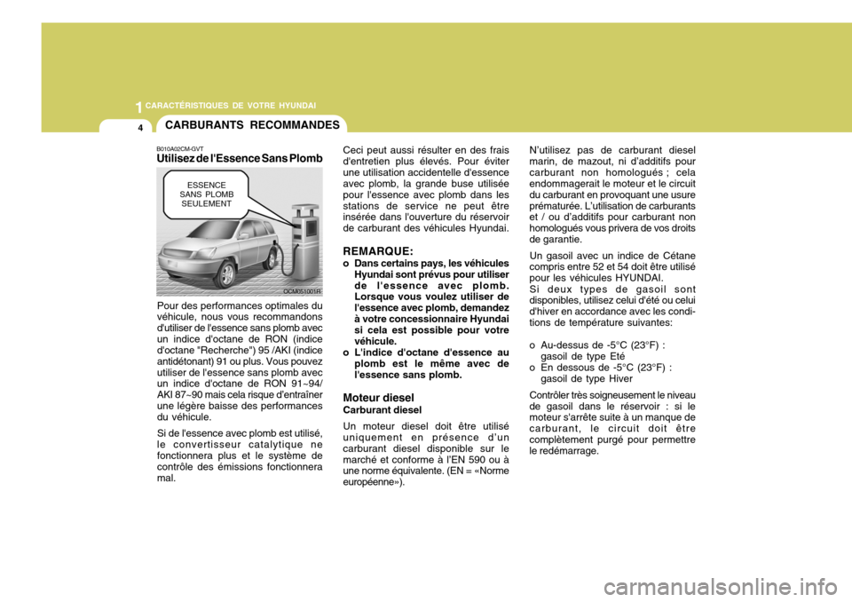 Hyundai Santa Fe 2008 Manuel du propriétaire (in French) 1CARACTÉRISTIQUES DE VOTRE HYUNDAI
4CARBURANTS RECOMMANDES
B010A02CM-GVT Utilisez de lEssence Sans Plomb
Pour des performances optimales duvéhicule, nous vous recommandons dutiliser de lessence s Hyundai Santa Fe 2008 Manuel du propriétaire (in French) 1CARACTÉRISTIQUES DE VOTRE HYUNDAI
4CARBURANTS RECOMMANDES
B010A02CM-GVT Utilisez de lEssence Sans Plomb
Pour des performances optimales duvéhicule, nous vous recommandons dutiliser de lessence s